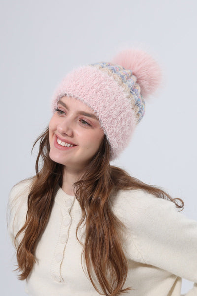 Women Color Mix Knit Beanie With Faux Fur Pom Pom Winter Hat Leto Collection