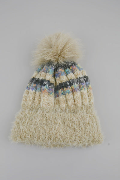 Women Color Mix Knit Beanie With Faux Fur Pom Pom Winter Hat Leto Collection
