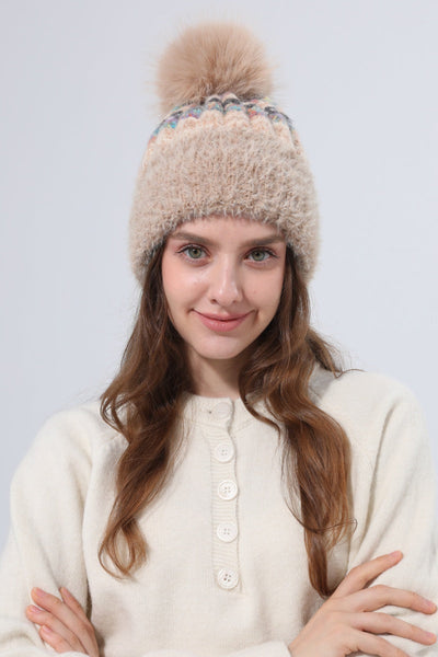 Women Color Mix Knit Beanie With Faux Fur Pom Pom Winter Hat Leto Collection