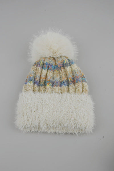 Women Color Mix Knit Beanie With Faux Fur Pom Pom Winter Hat Leto Collection