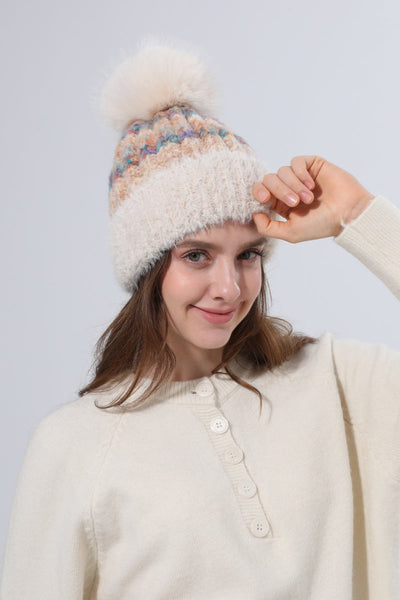 Women Color Mix Knit Beanie With Faux Fur Pom Pom Winter Hat Leto Collection