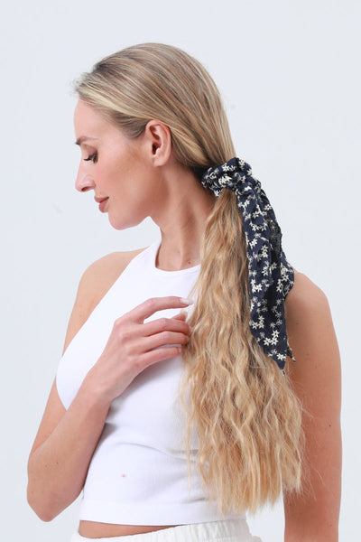 Vintage Charm: Floral Embroidered Cotton Scarf Scrunchie