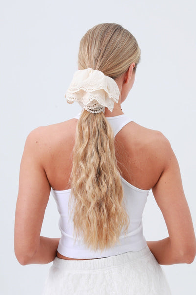 Cotton Embroidered Lace Scrunchie – Soft & Stylish Hair Tie 🎀