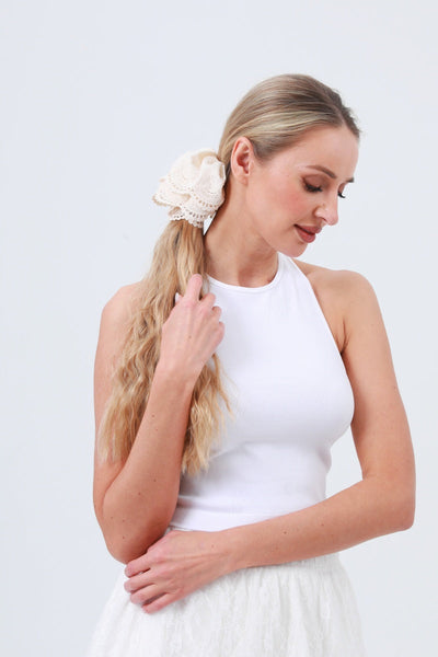 Cotton Embroidered Lace Scrunchie – Soft & Stylish Hair Tie 🎀