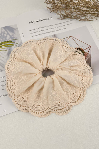 Cotton Embroidered Lace Scrunchie – Soft & Stylish Hair Tie 🎀