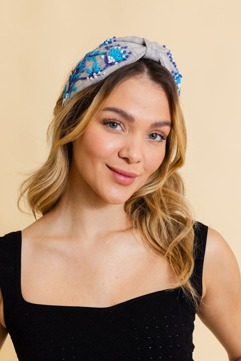 Aqua Blossom Embroidered Headband