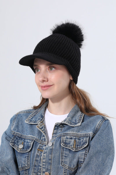 Women Ribbed Knit Visor Beanie With Faux Fur Pom Pom Winter Hat Leto Collection