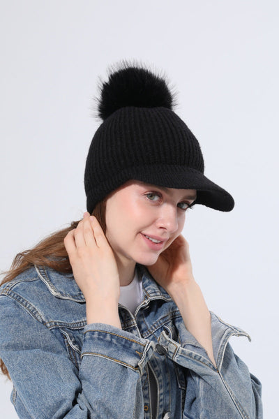 Women Ribbed Knit Visor Beanie With Faux Fur Pom Pom Winter Hat Leto Collection