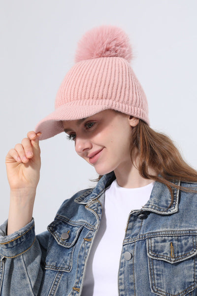 Women Ribbed Knit Visor Beanie With Faux Fur Pom Pom Winter Hat Leto Collection