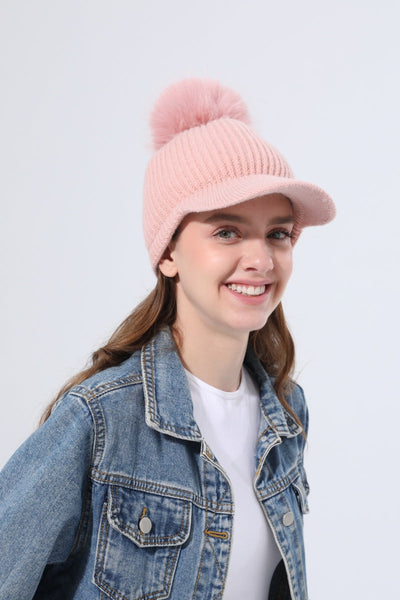 Women Ribbed Knit Visor Beanie With Faux Fur Pom Pom Winter Hat Leto Collection
