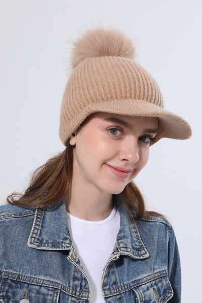 Women Ribbed Knit Visor Beanie With Faux Fur Pom Pom Winter Hat Leto Collection