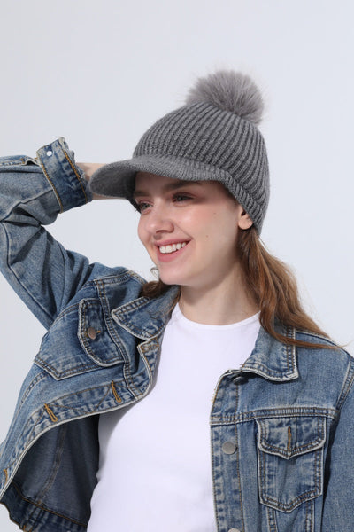 Women Ribbed Knit Visor Beanie With Faux Fur Pom Pom Winter Hat Leto Collection