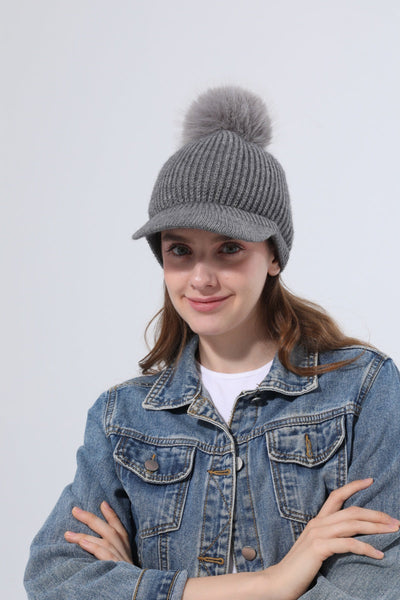 Women Ribbed Knit Visor Beanie With Faux Fur Pom Pom Winter Hat Leto Collection