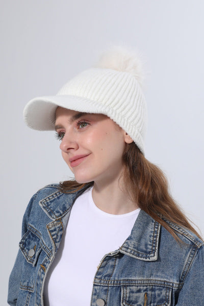 Women Ribbed Knit Visor Beanie With Faux Fur Pom Pom Winter Hat Leto Collection