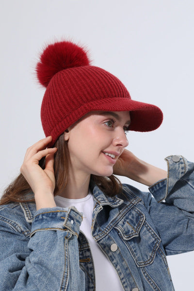 Women Ribbed Knit Visor Beanie With Faux Fur Pom Pom Winter Hat Leto Collection