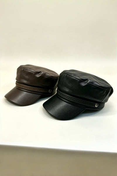 Vintage Faux Leather Military Style Flat Cap for Women Leto Collection
