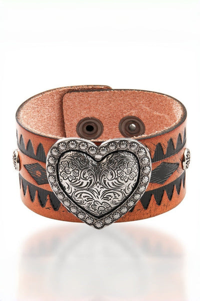 Western Romance: Embossed Heart Leather Cuff-Band Bracelet