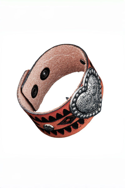 Western Romance: Embossed Heart Leather Cuff-Band Bracelet
