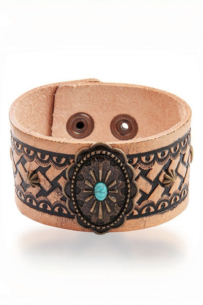 Desert Muse: Bohemian Vintage Turquoise Leather Cuff-Band Bracelet