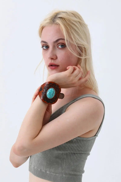 Western Turquoise Leather Cuff Bracelet – Boho Embossed Wristband