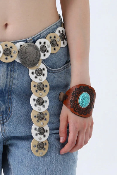 Western Turquoise Leather Cuff Bracelet – Boho Embossed Wristband