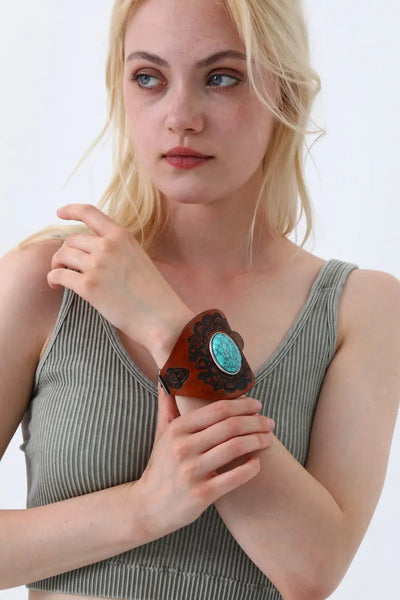 Western Turquoise Leather Cuff Bracelet – Boho Embossed Wristband