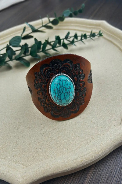 Western Turquoise Leather Cuff Bracelet – Boho Embossed Wristband
