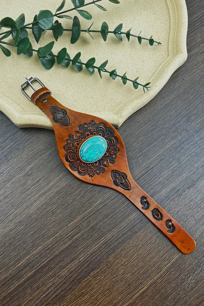 Western Turquoise Leather Cuff Bracelet – Boho Embossed Wristband