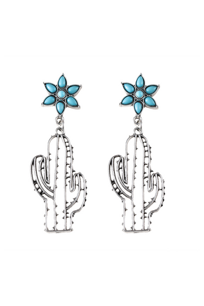 Boho Western Earrings – Turquoise Flower & Openwork Cactus 🌵💎
