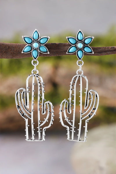 Boho Western Earrings – Turquoise Flower & Openwork Cactus 🌵💎