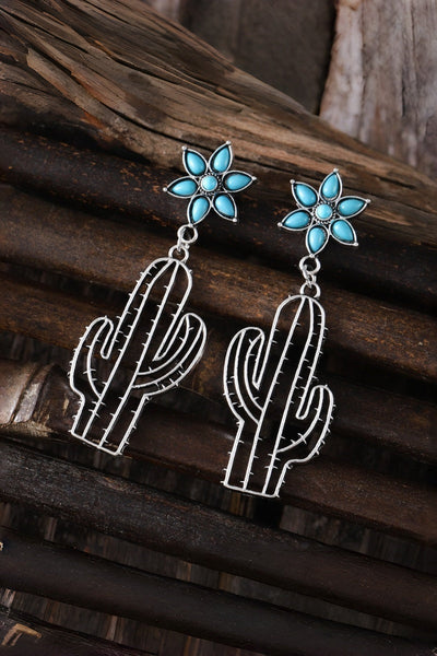 Boho Western Earrings – Turquoise Flower & Openwork Cactus 🌵💎