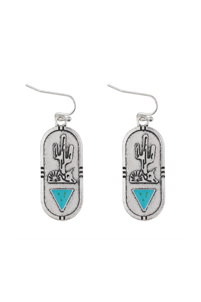 Carved Cactus Earrings – Turquoise Triangle Inlay 🌵💎
