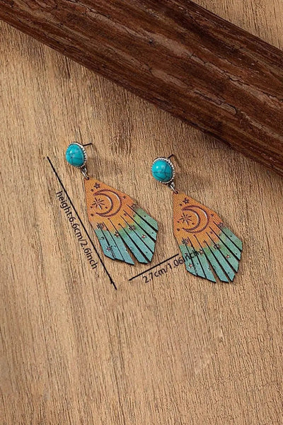 Western Moon Star Fringe Turquoise Leather Earrings Leto Collection