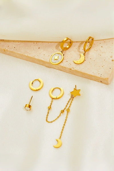 3 Pairs Gold Star Moon Stainless Steel Earrings Set