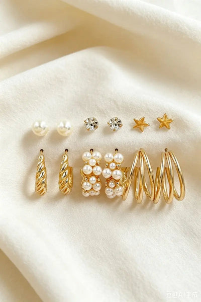 Gold Tone Mixed Style Star Pearl Rhinestone 3‑Pairs Earrings leto-collection