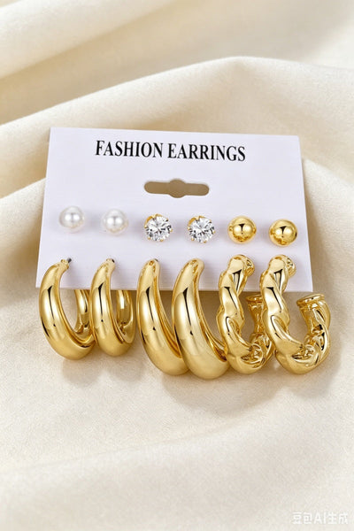 3 Pairs Gold Plated Pearl Zircon Hoop Earrings Assorted Set