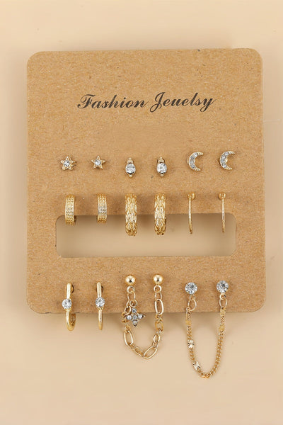 Star Moon Zircon Chain Earrings Set