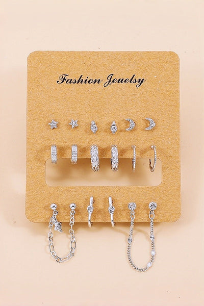 Star Moon Zircon Chain Earrings Set