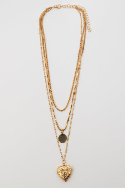 Vintage Heart Locket Multi Layer Gold Necklace with Coin Pendant Leto Collection
