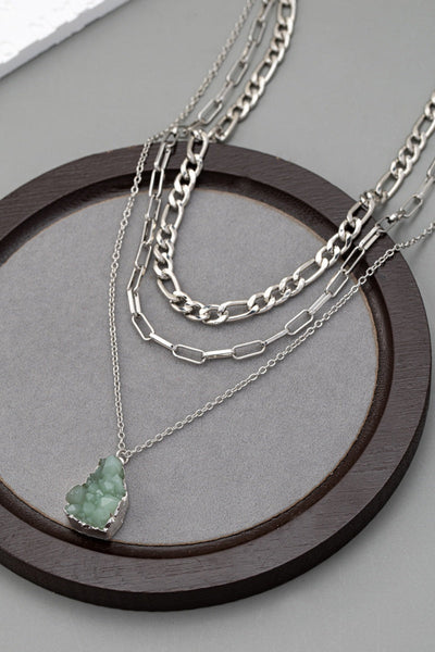 Women Layered Chunky Chain Necklace with Green Crystal Pendant Leto Collection