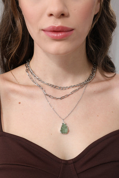 Women Layered Chunky Chain Necklace with Green Crystal Pendant Leto Collection
