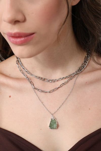 Women Layered Chunky Chain Necklace with Green Crystal Pendant Leto Collection