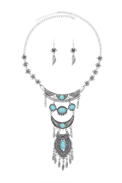 Boho Tribal Turquoise Pendant Necklace with Wing Earrings for Women Leto Collection