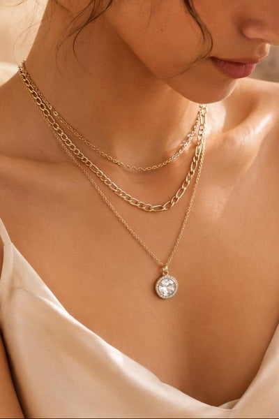 Stackable Gold Layered Necklace with Rhinestone Coin Charm for Women Leto Collection
