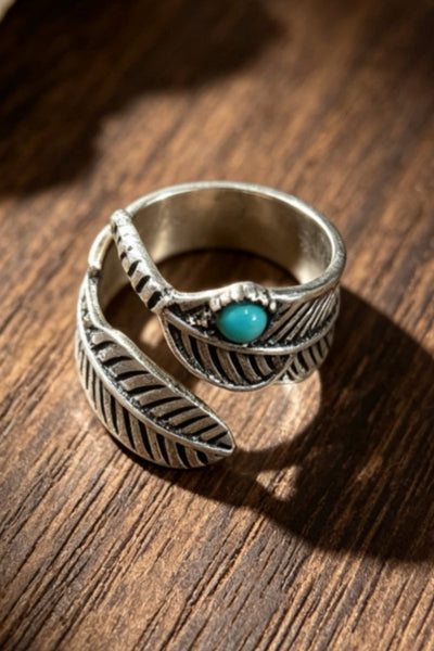 Boho Feather Turquoise Open Adjustable Ring for Women Leto Collection