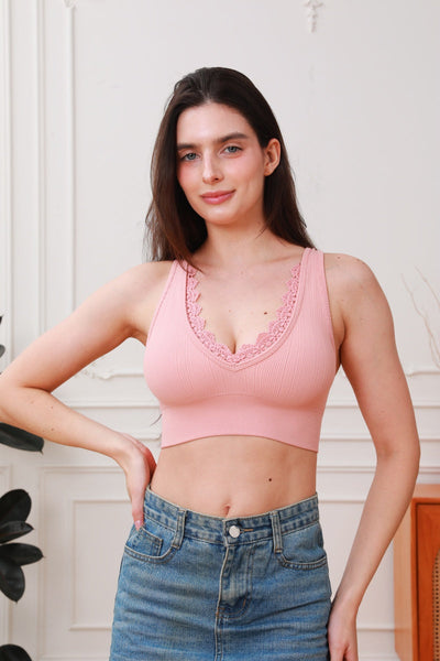 Soft Whisper: Seamless Ribbed Lace Trim Bralette