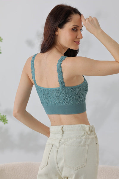 Effortless Edge: Seamless Washed Jacquard Lace Bralette with Decorative Strap