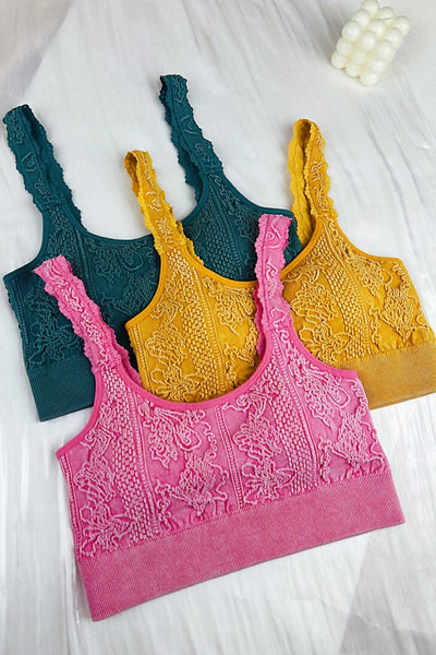Effortless Edge: Seamless Washed Jacquard Lace Bralette with Decorative Strap
