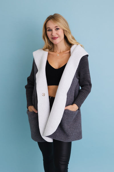 Gray Cozy Sherpa Hooded Cardigan