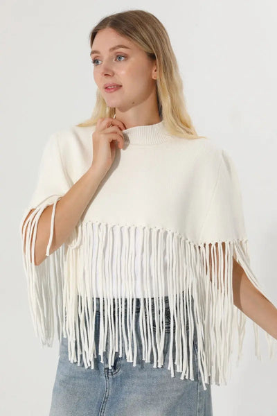 Women Solid Mock Neck Fringe Knit Poncho Cape Shawl 🧶🍂 Leto Collection